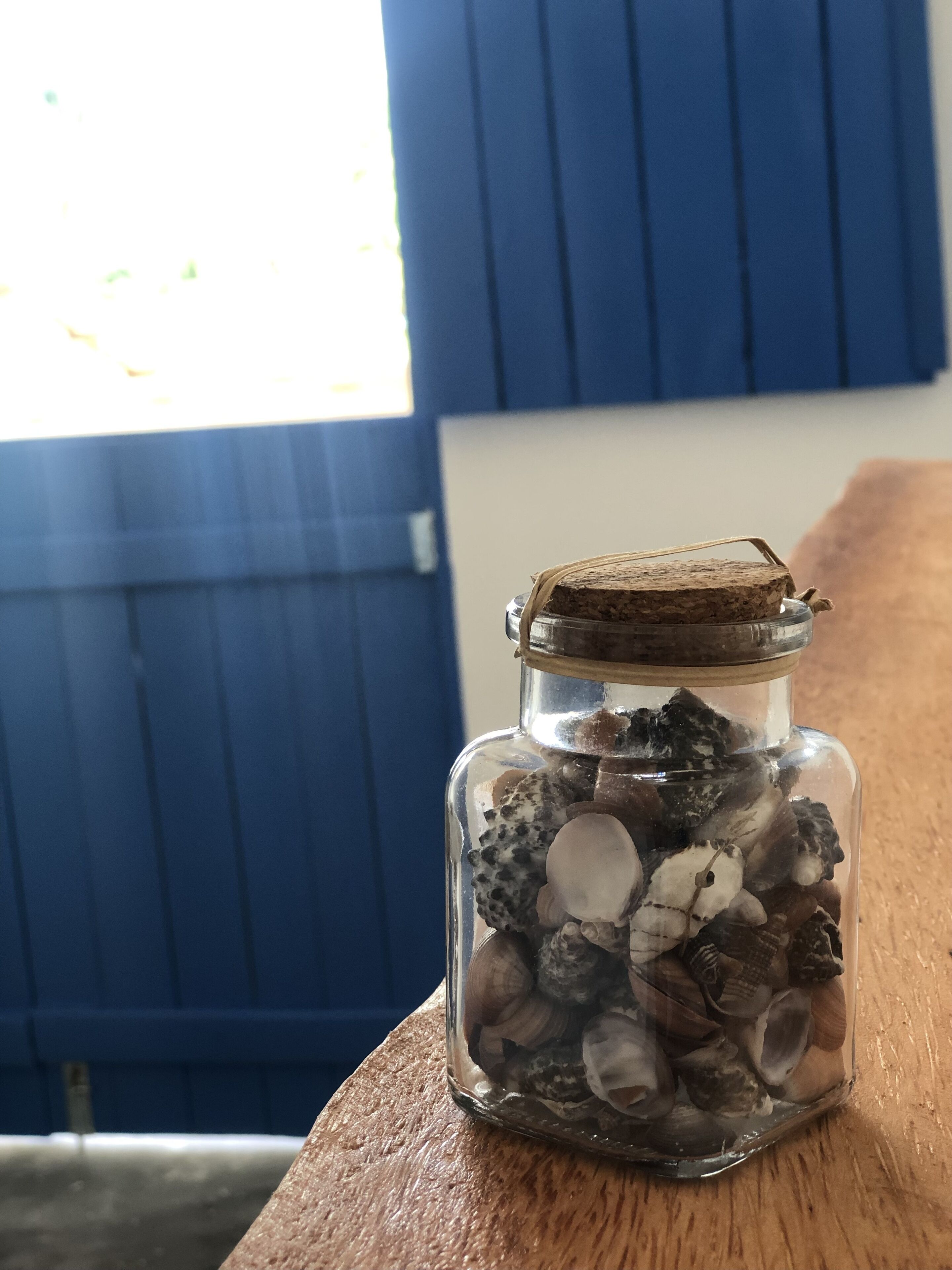 Um frasco de vidro com tampa de cortiça contendo conchas e pedras variadas, colocado sobre uma superfície de madeira, com uma parede azul e uma janela ao fundo.
