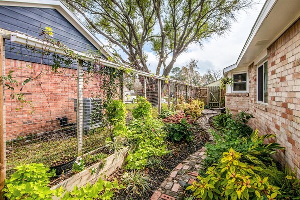 A garden with a brick wall, a wooden fence, and various plants.