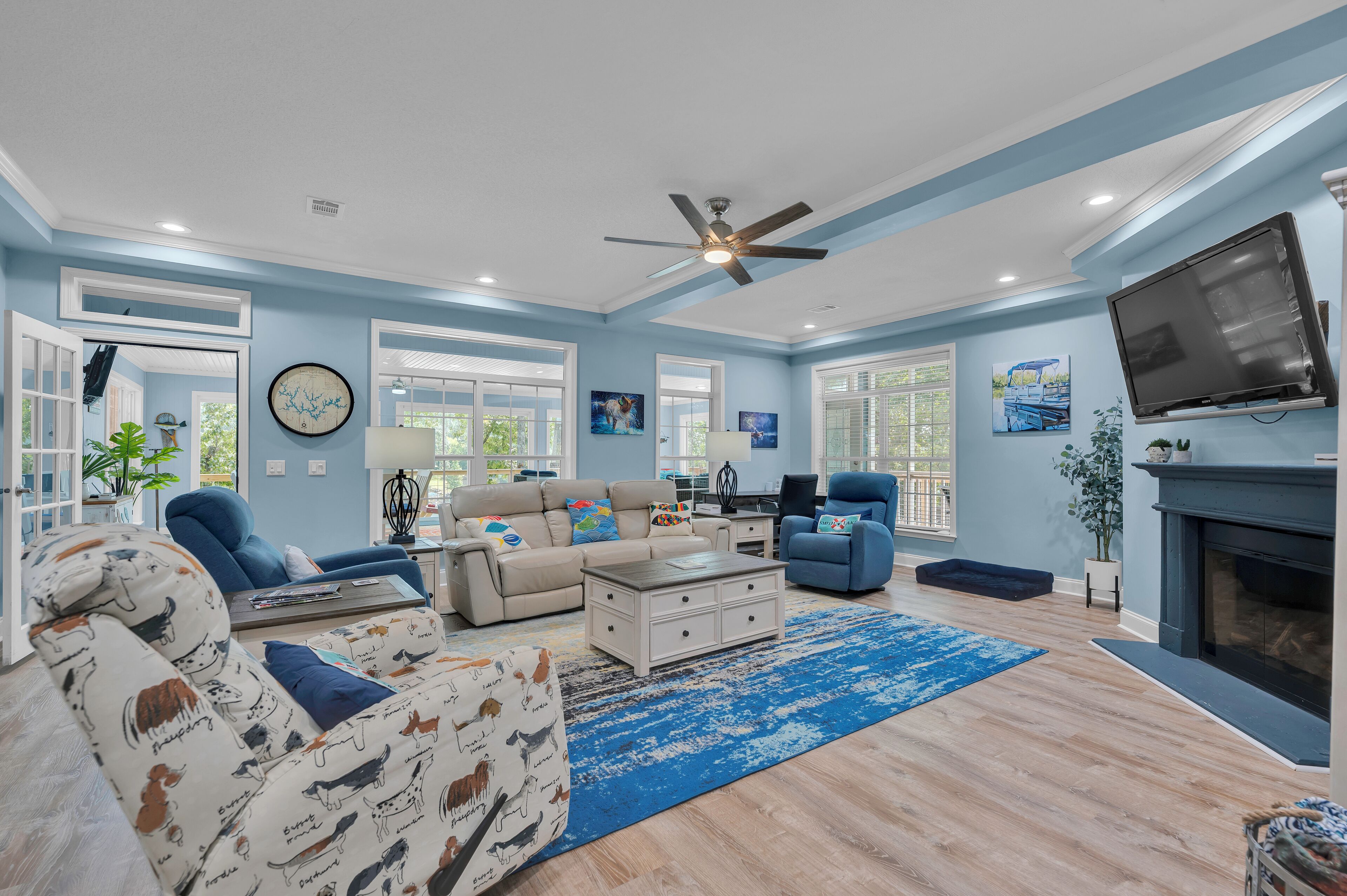 Smart TV, fireplace, books, printers