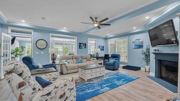 Smart TV, fireplace, books, printers