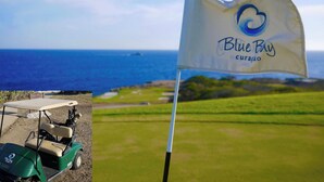 Un carrito de golf y una bandera con los textos "Blue Bay" y "curarão".