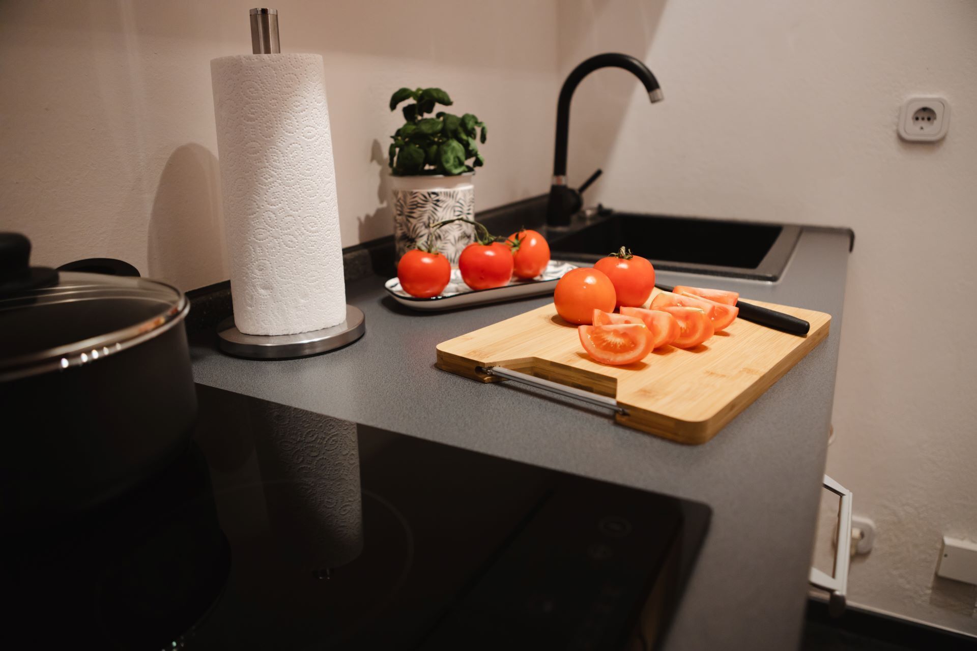 Wasserkocher mit Kaffee-/Teezubehör, Kühlschrank, Herdplatte