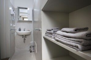 Shower, hair dryer, bidet, towels
