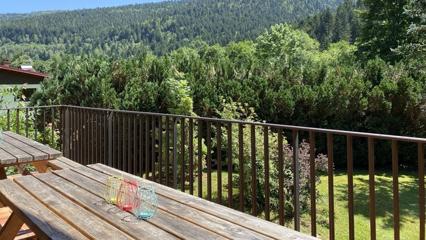 Een houten terras met een leuning, met uitzicht op een bebost helling.