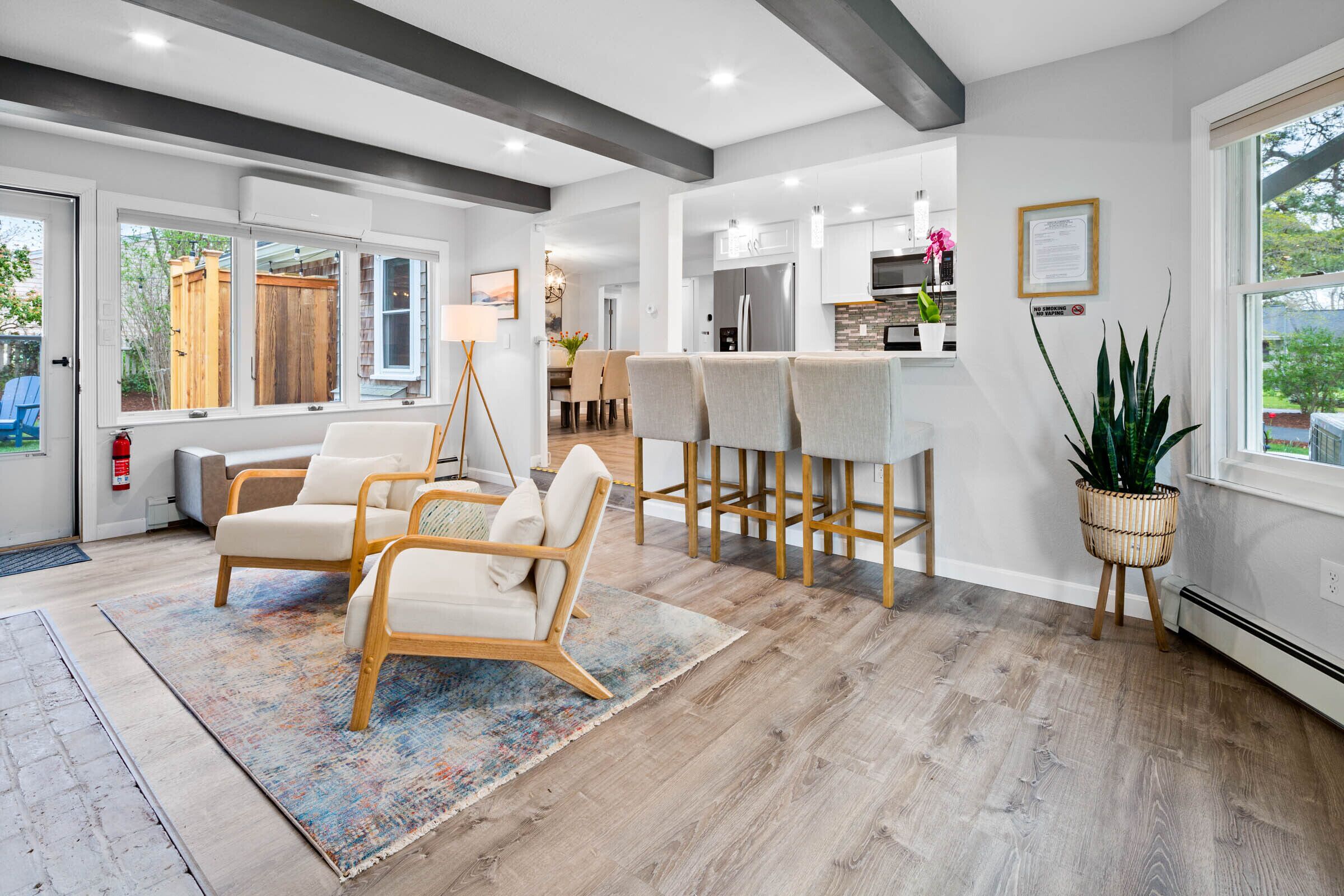 TV, fireplace, books, stereo