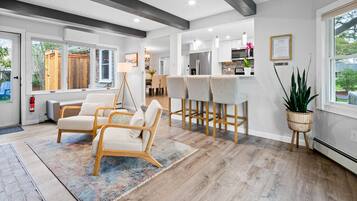 TV, fireplace, books, stereo