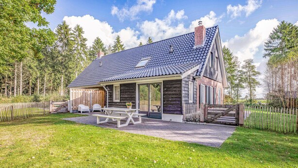 Eine rustikale Holzhütte mit geneigtem Dach, Schornstein und einer Laube mit Picknicktisch.