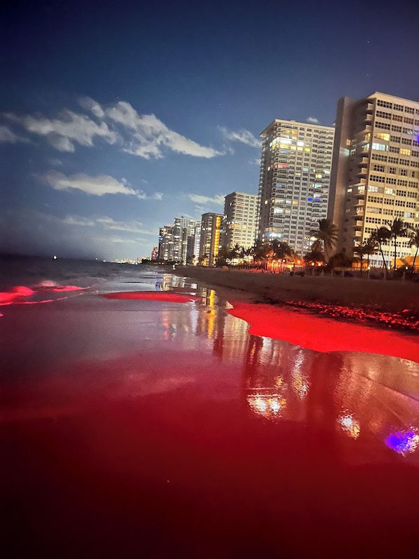 En la playa y camastros