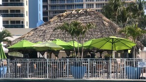 Un área junto a la piscina con una estructura de techo de paja, sombrillas verdes y piscina cercada.