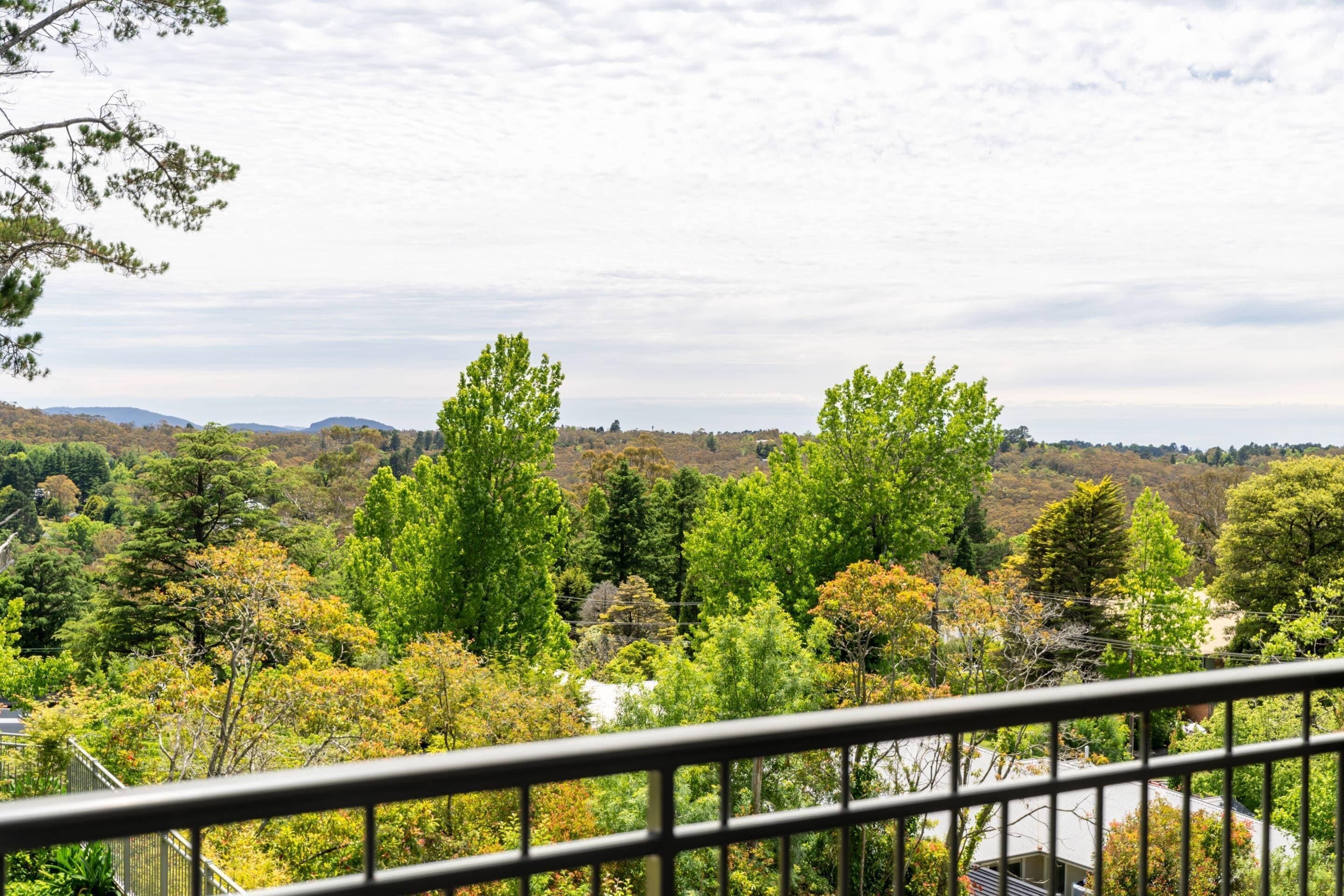 A view of a lush, green landscape with a variety of trees and hills in the distance.