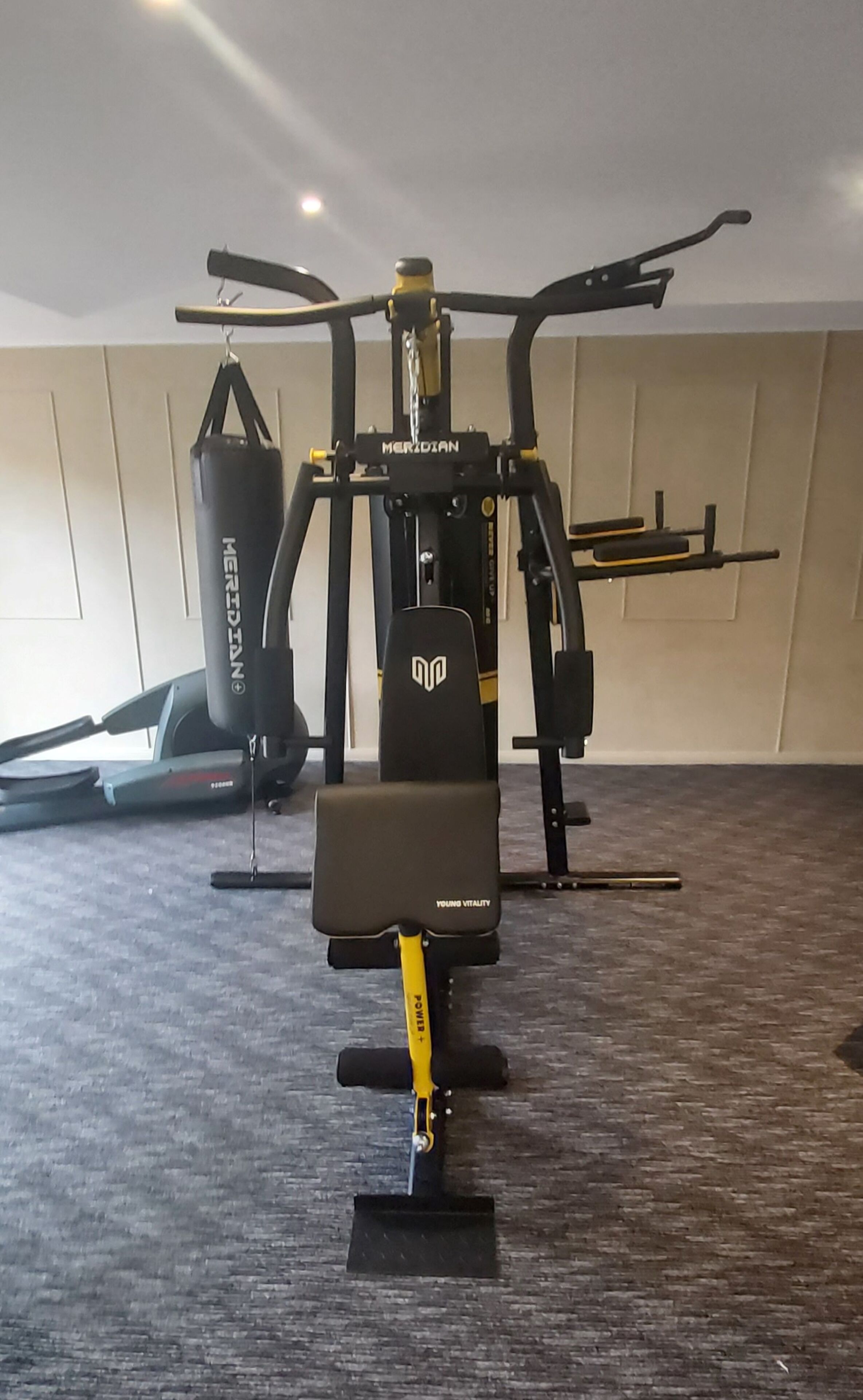 A gym with a stationary bike, a punching bag, and weight machines.