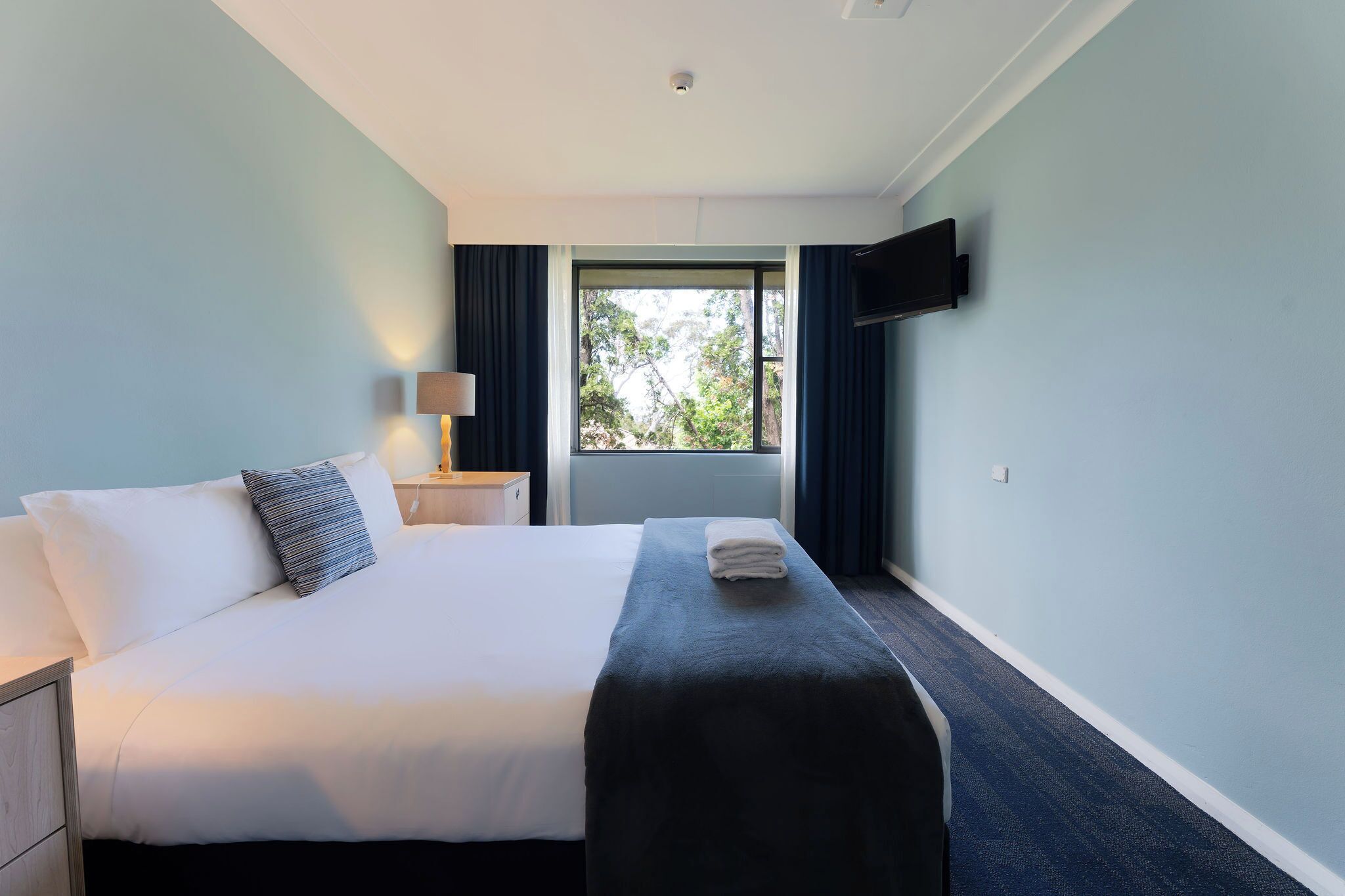A hotel room with a bed, a bedside table, a lamp, a TV mounted on the wall, and a window with curtains.
