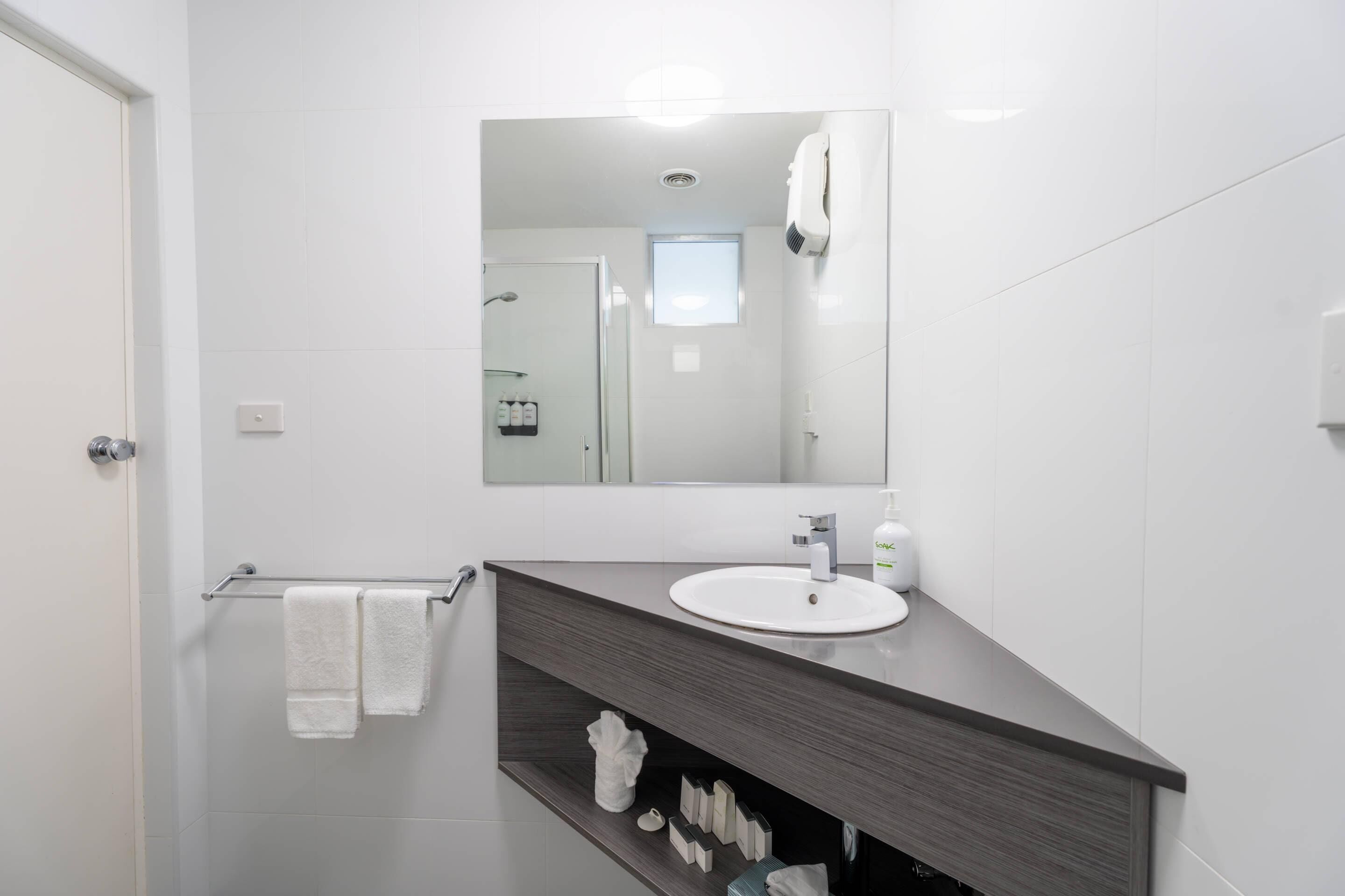 A modern bathroom with a white sink, dark countertop, and a large mirror.