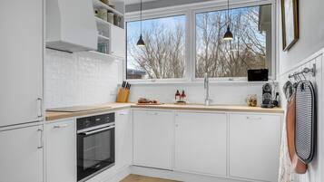 Fridge, stovetop, dishwasher, coffee/tea maker