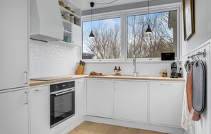 Fridge, stovetop, dishwasher, coffee/tea maker