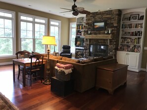 Smart TV, fireplace, video games, DVD player