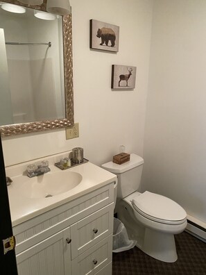Features a large mirror, sink, and toilet, with framed artwork and a trash can.