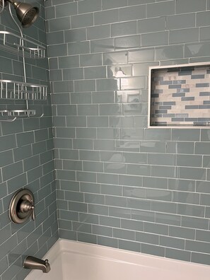 Combined shower/tub, hair dryer, towels, soap