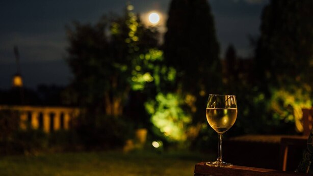 Una copa de vino blanco sobre una mesa de madera con un banco, frente a un fondo nocturno con una luna llena y árboles.