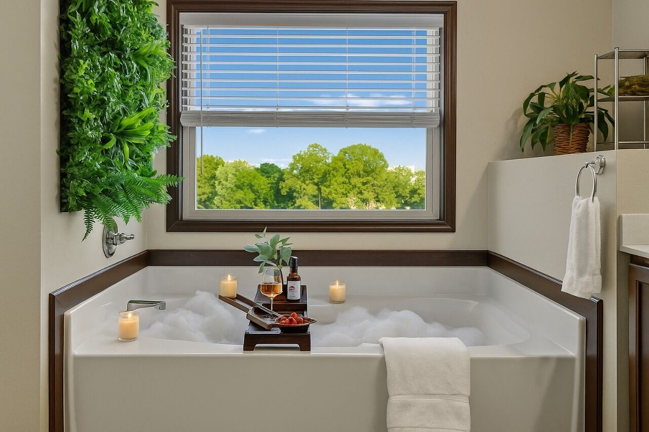 A bathroom with a bathtub, a window with blinds, a potted plant, and candles.