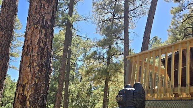 Une terrasse en bois ornée d’une statue de pierre, entourée de grands pins.