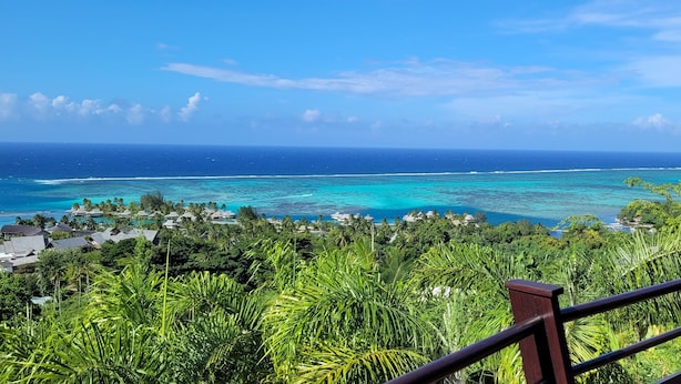 A tropical resort with a view of the ocean and lush greenery. - Stunning ocean & lagoon view in a completely renovated, entirely equipped villa (Haapiti)