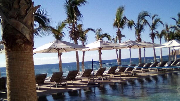 A poolside area with lounge chairs and umbrellas, palm trees, and a view of the ocean.