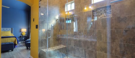 Combined shower/tub, hair dryer, towels, soap