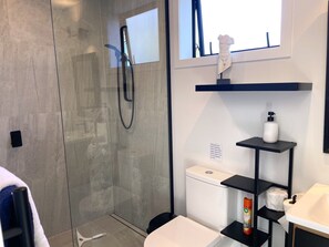 Douche, sèche-cheveux, serviettes fournies, shampoing