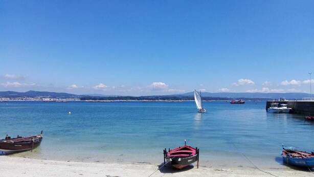 Una marina costera con barcos amarrados y un velero en el agua.