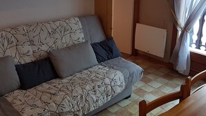 A cozy room with a sofa bed, wooden cabinets, a radiator, and a window with curtains. - 2 rooms + cabin with balcony and equipped kitchenette (Le Biot)