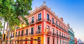 Un immeuble à plusieurs étages, doté de balcons et de grandes fenêtres, entouré d’arbres et de lampadaires.