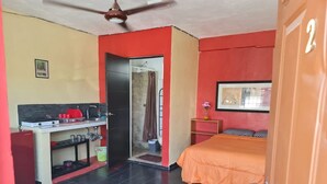 A compact room with a kitchenette, a bed, and a shower area. - Super Cheap Loft Style Apartment in Merida Wifi Smartv (Mérida)
