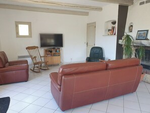 A living room with a brown leather sofa, a wooden rocking chair, a television on a wooden stand, and a fireplace with a plant beside it.