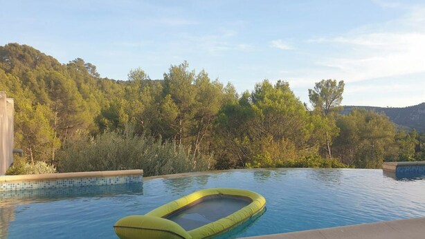 Ein Swimmingpool mit einem grünen Luftmatratzen-Float, umgeben von Bäumen und Hügeln.