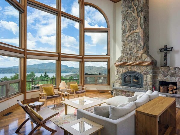 Smart TV, fireplace, books