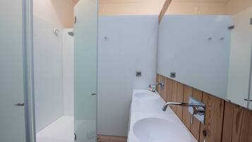 A modern bathroom with a glass shower enclosure, a wooden vanity with two sinks, and a large mirror.