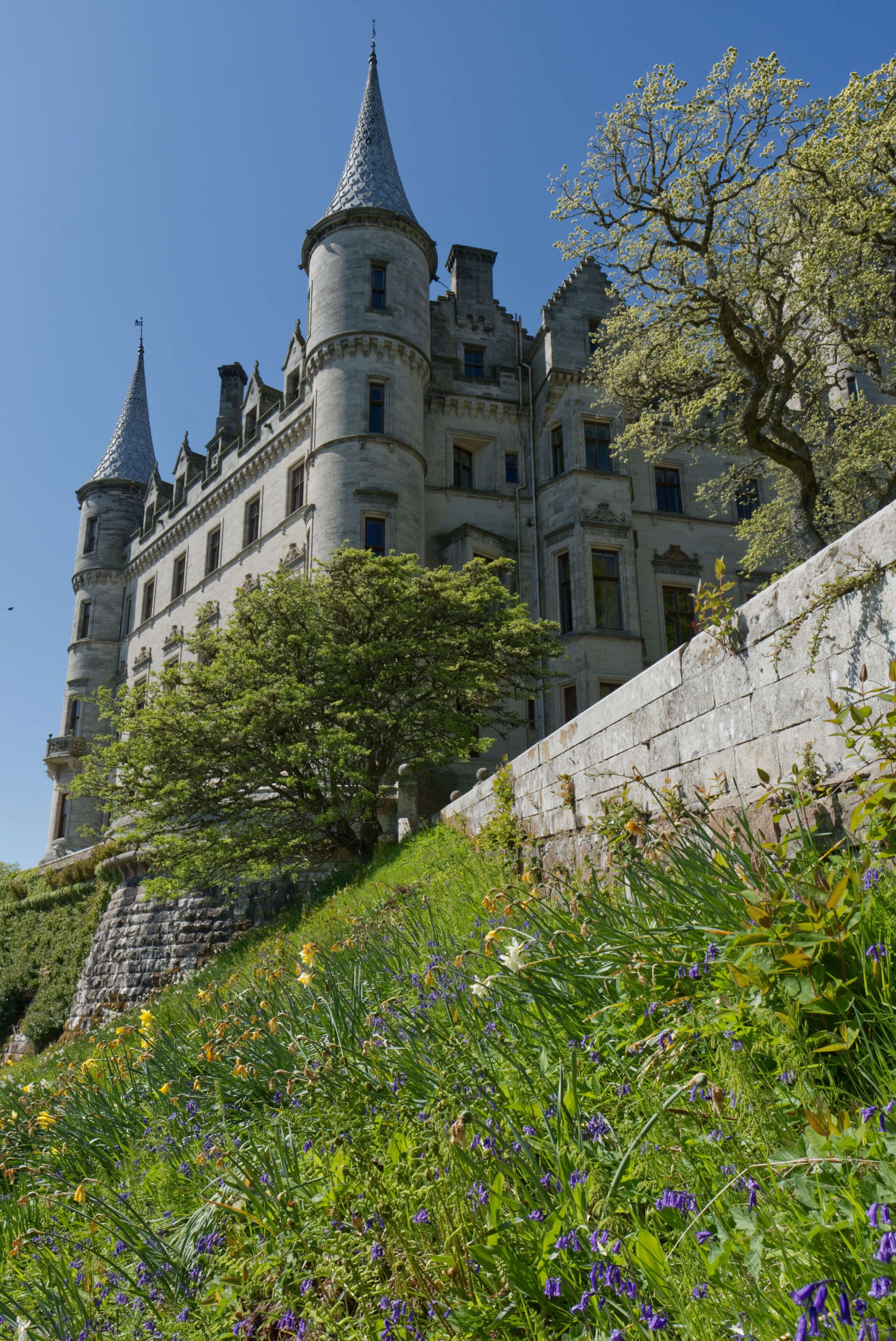 A castle with multiple towers, surrounded by lush greenery and flowering plants.