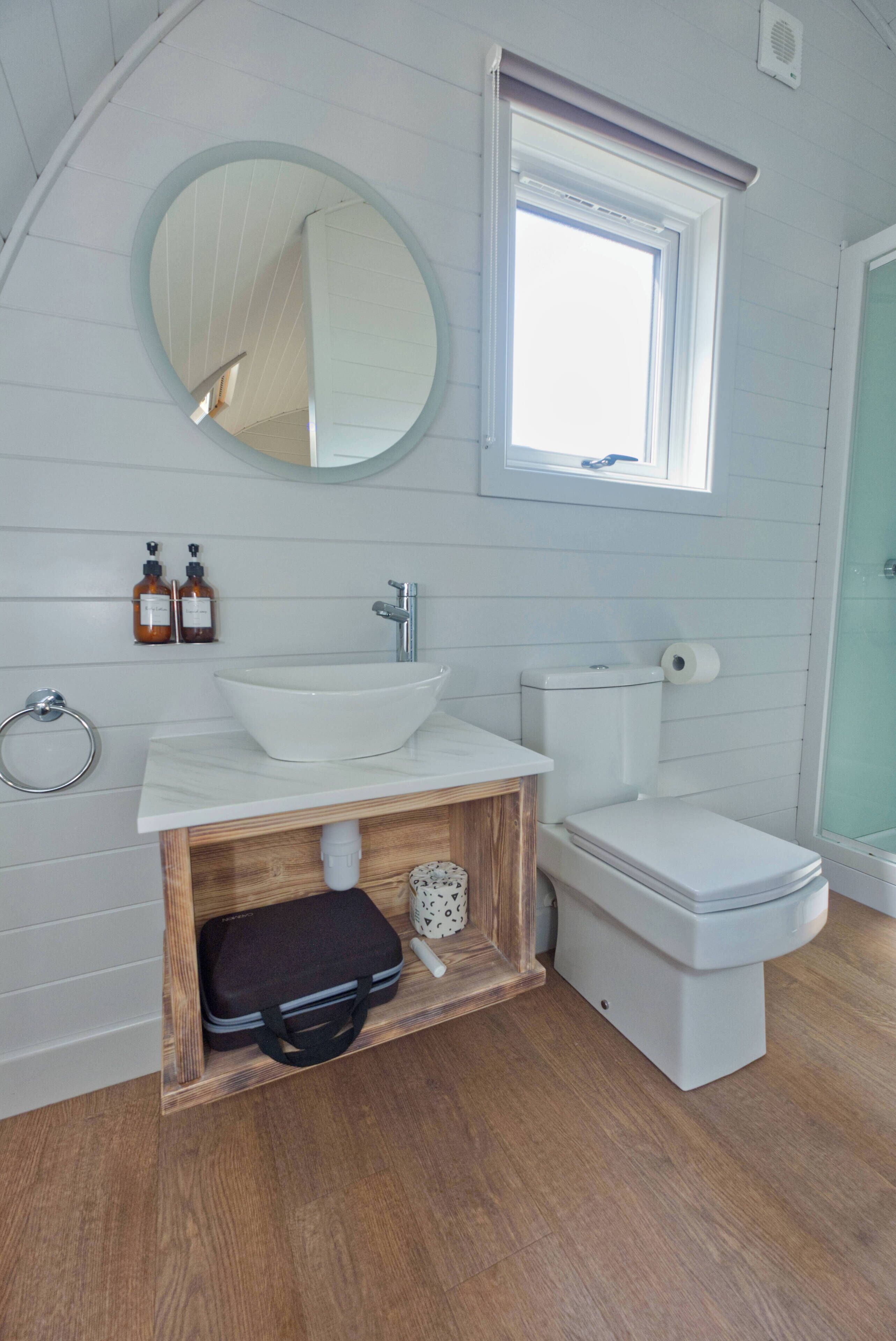 A bathroom with a white sink, a toilet, and a mirror. There is a window above the sink, and a shower area is visible to the right.