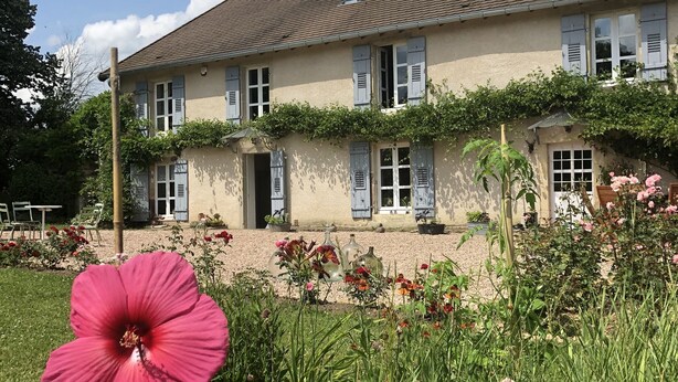 Une maison à deux étages, avec un toit recouvert de tuiles, un jardin où poussent différentes plantes et fleurs, et une grande fleur rose bien visible au premier plan.