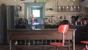 Une cuisine avec un îlot central, des chaises rouges, des plantes suspendues et un réfrigérateur.