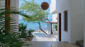A pathway leading to a pool with a view of the sea, surrounded by white walls and tropical plants.