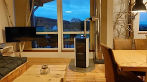 Een gezellige woonkamer met een open haard, houten meubels en grote ramen met uitzicht op de omgeving.