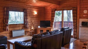 Ein gemütliches Blockhäuschen mit einer Ledersofa, einem Fernseher und einem Holzesstisch.