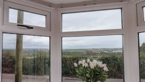 A bay window with multiple panes, a vase with white flowers, and a view of a rural landscape. - North Terrace (Saltburn-by-the-Sea)