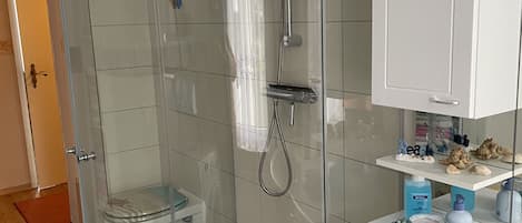 Dusche, Haartrockner, Handtücher, Seife