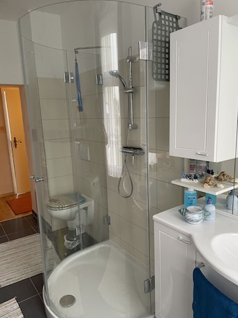 Shower, hair dryer, towels, soap. Colorful city on the Elde 2