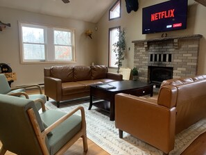 Smart TV, fireplace, video games, DVD player