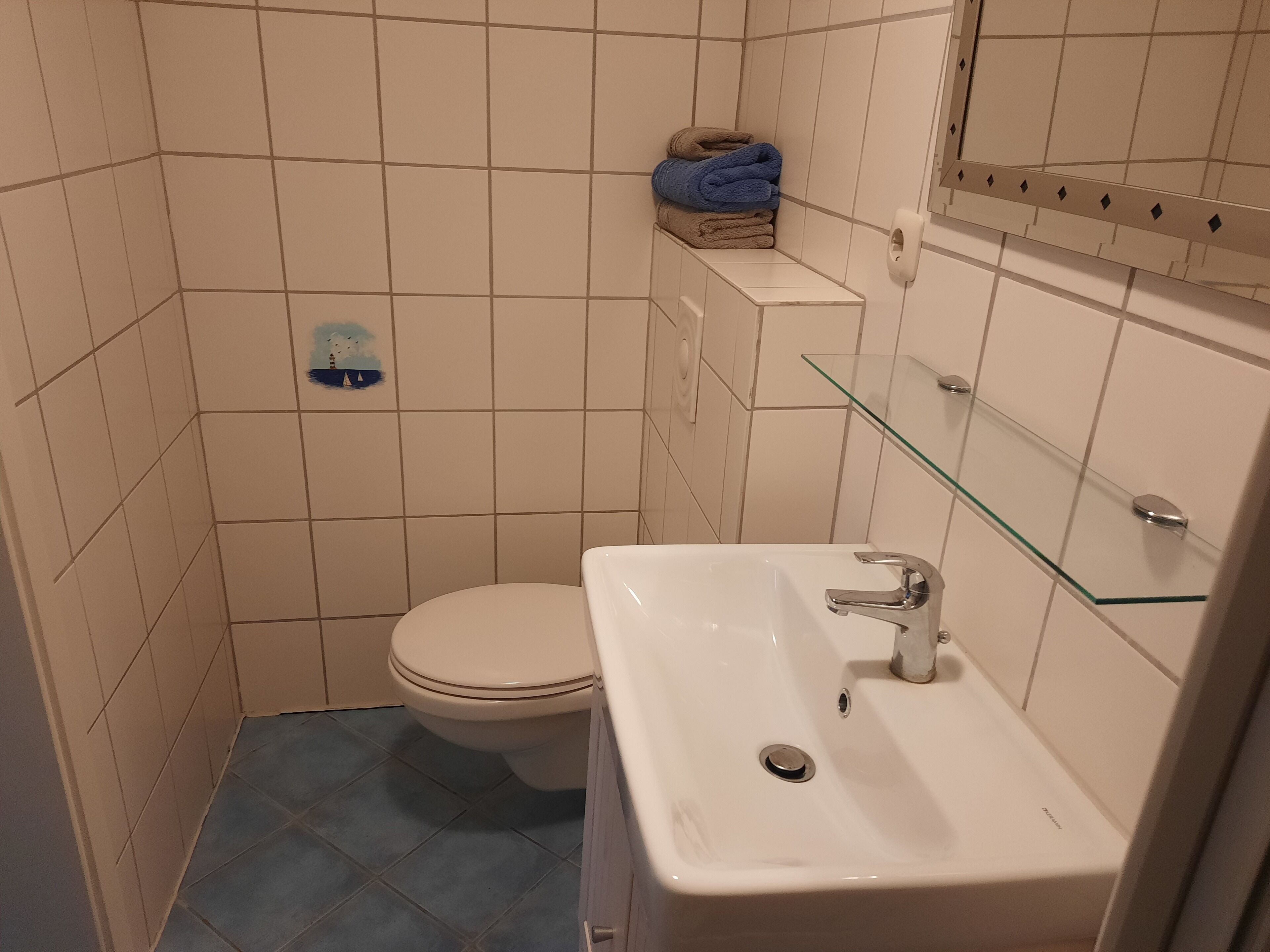 Une petite salle de bain avec des toilettes, un lavabo et une étagère en verre.