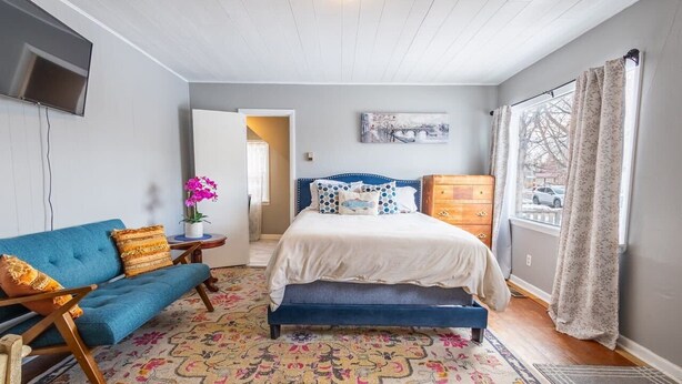 A bedroom with a bed, a blue sofa, a small table with a plant, and a painting on the wall. - New Listing!! Charming French Studio Apartment (Laramie)